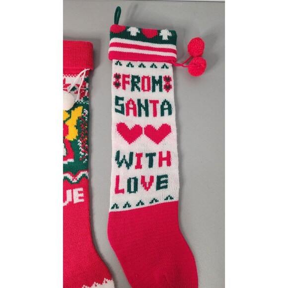 VTG Christmas Knit Stockings Lot Of 3 21" Pom Poms Toys Angel Love Santa Red - Picture 6 of 8